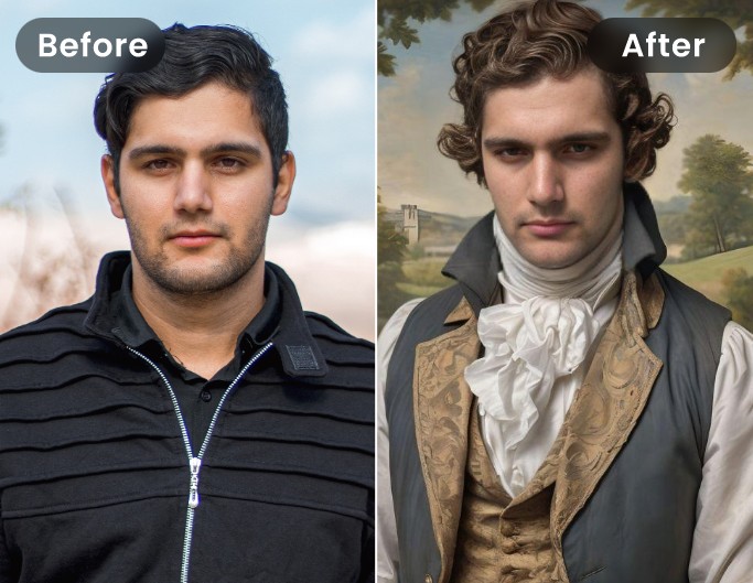 Before and after comparison effect of applying bridgerton filter to male picture