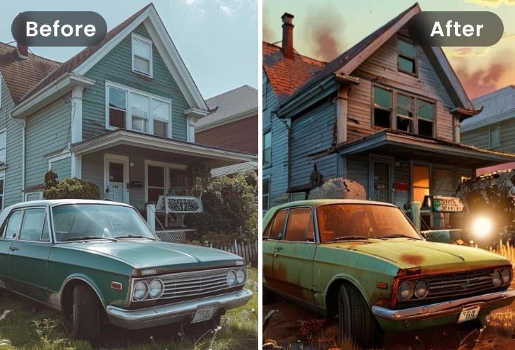 Before and after comparison effect of applying the ai fallout filter to car photo