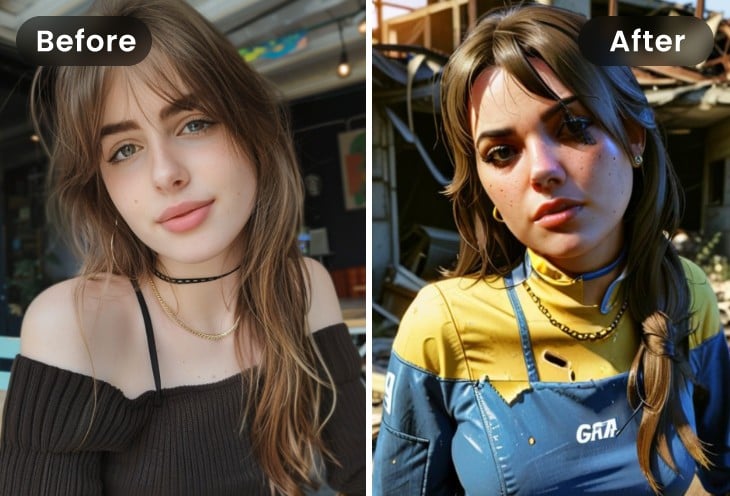 Before and after comparison effect of applying the ai fallout filter to female photo