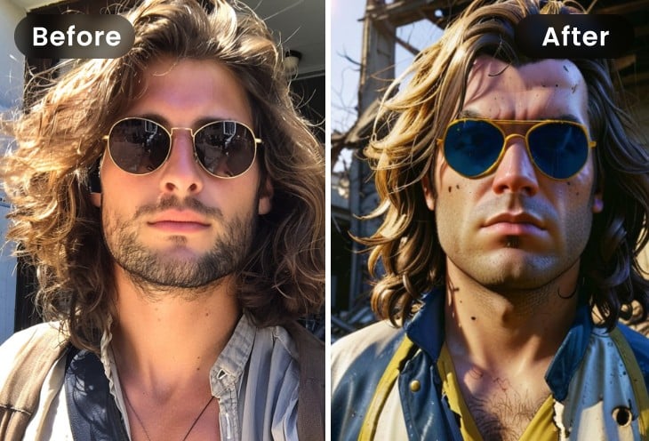 Before and after comparison effect of applying the ai fallout filter to male photo