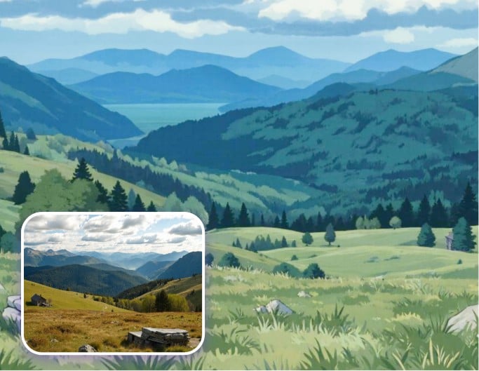 Image avant/après d'une montagne avec de l'herbe transformée en dessin animé de style Ghibli