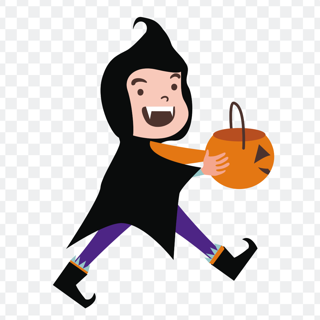 Cartoon little witch holding a pumpkin basket