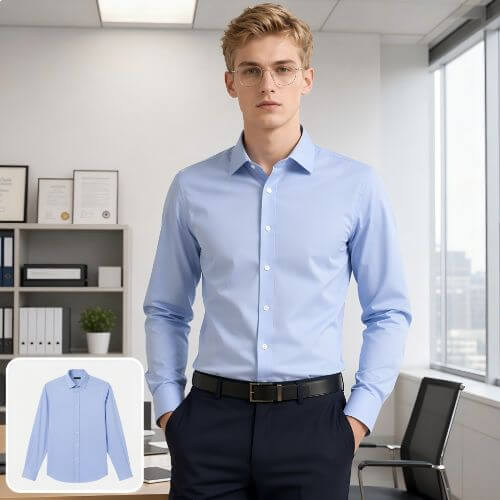Convert a blue shirt image to a white boy model photo