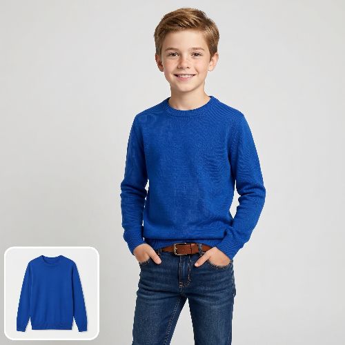 Convert a blue sweater image to a boy model photo