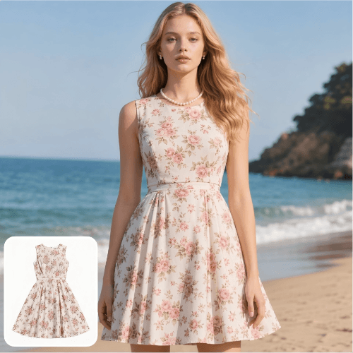 Convert a flowery dress image to white girl model photo