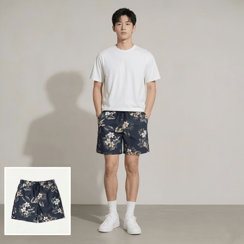 Convert a flowery shorts image to an asian boy model visual