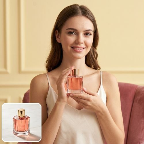 Convert a fragrance image to a fashion model photo