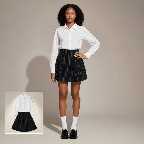 Convert a shirt and dress image to a black girl model visual