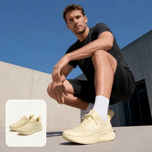 Convert a shoe image to a mature man model visual