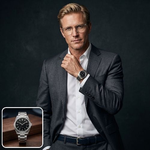 Convert a watch image to a mature male model photo
