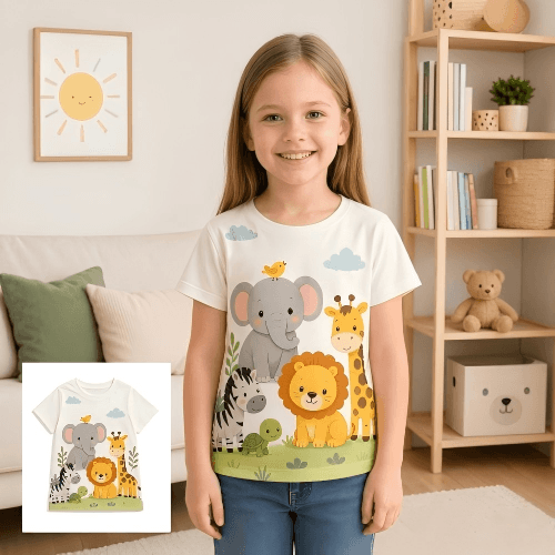 Convert an animal t shirt image to a white teen girl model photo
