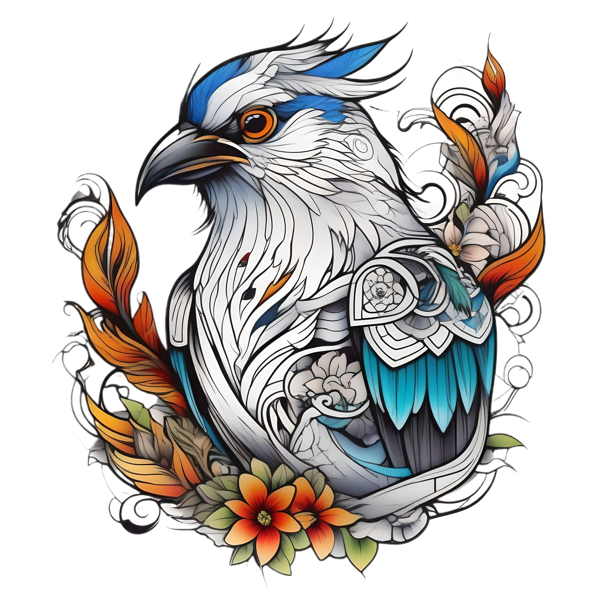 Cool bird tattoo colored in anime style pure white background