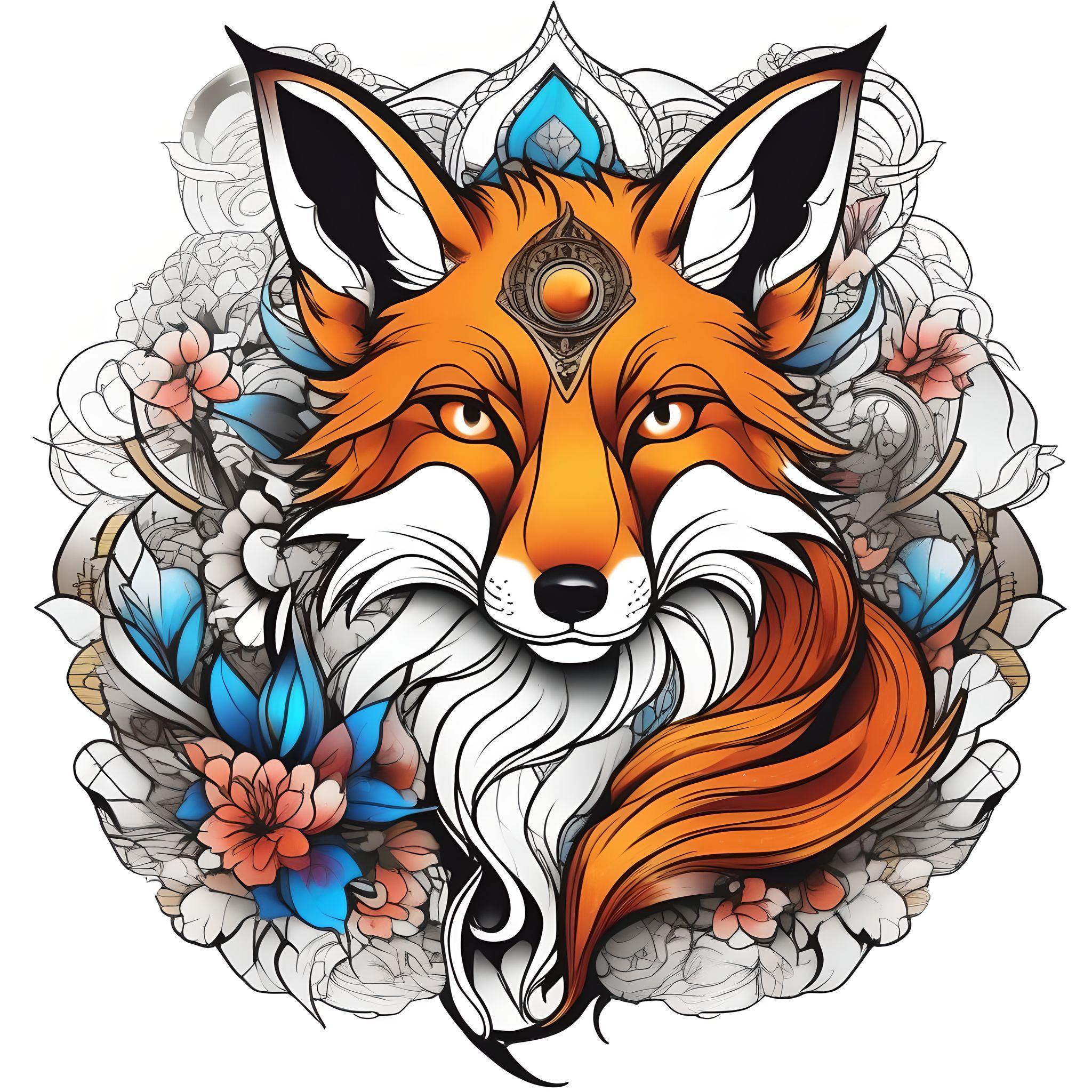 Cool fox tattoo colored in anime style pure white background