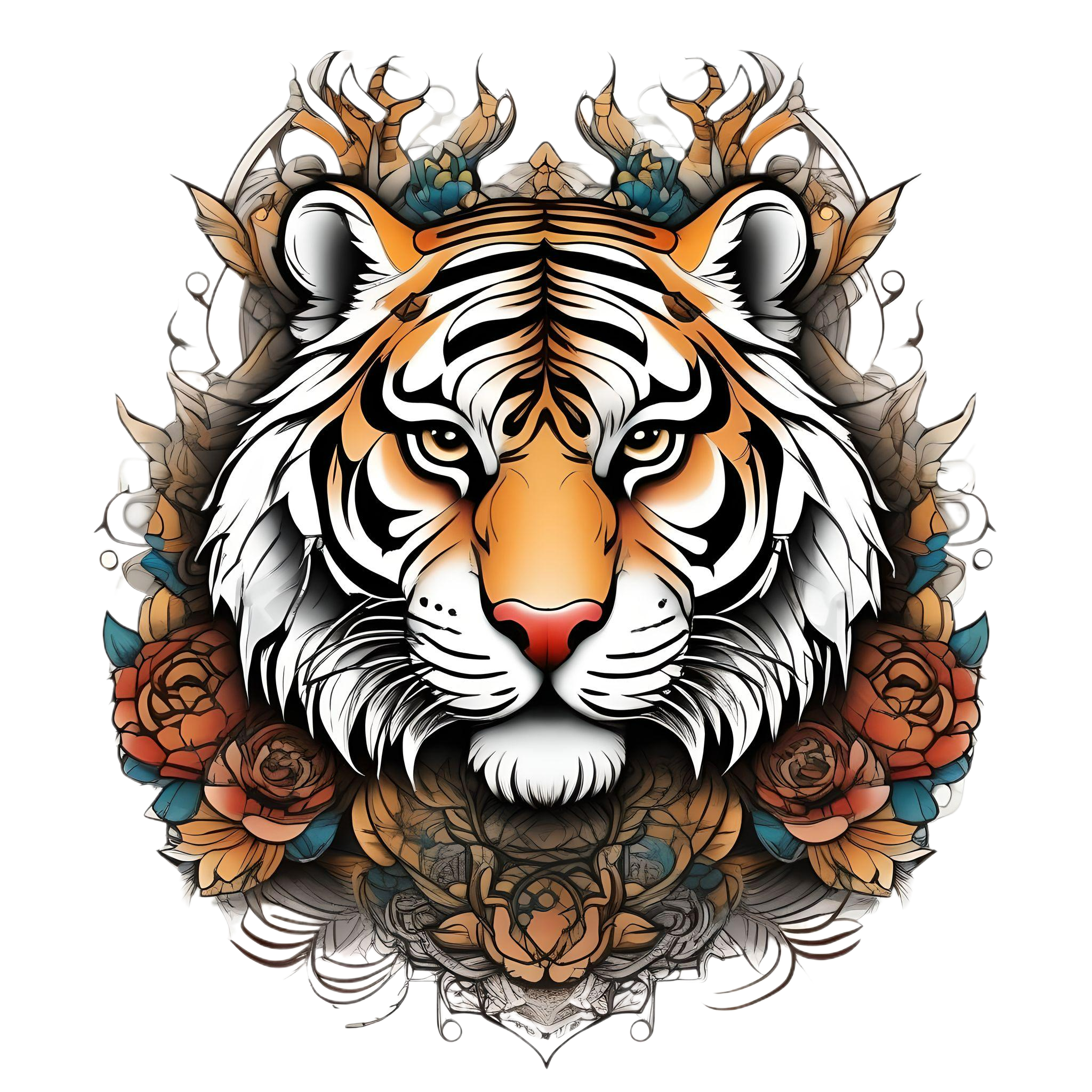 Cool tiger tattoo colored in anime style pure white background