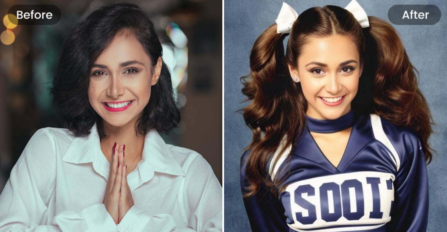 Female portrait and her 90s cheerleader yearbook photo
