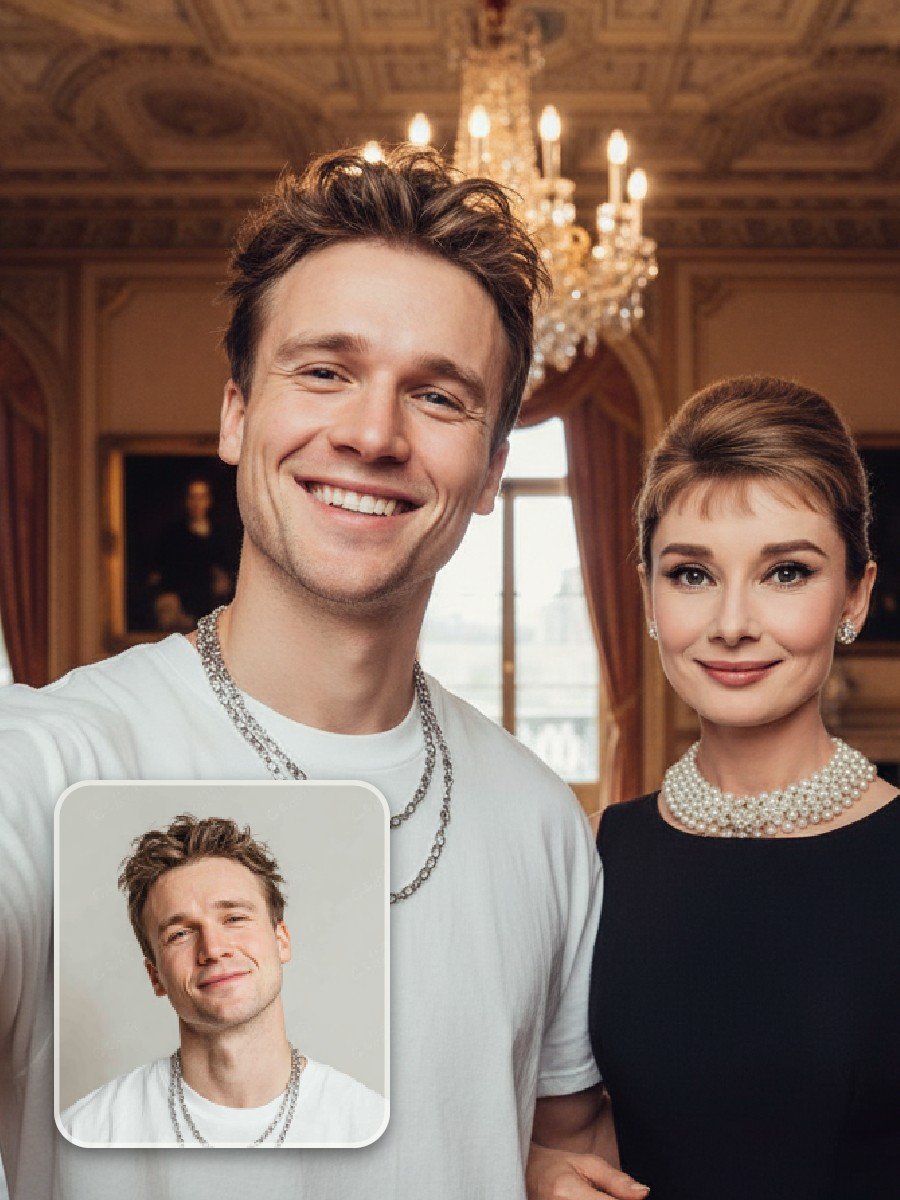 Generate an ai selfie with Audrey Hepburn using free ai celebrity image generator