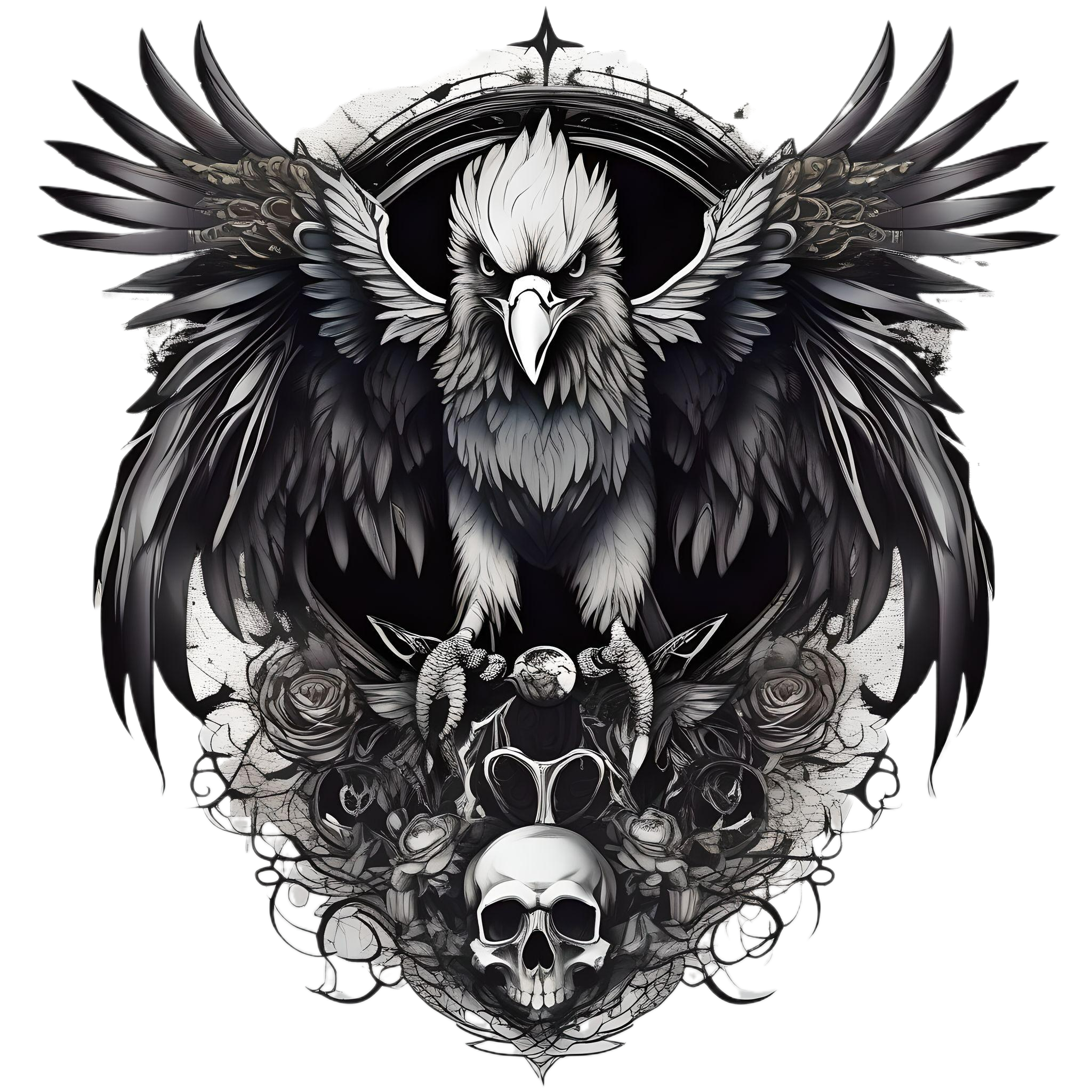 Gothic tattoo eagle in a human body and skull