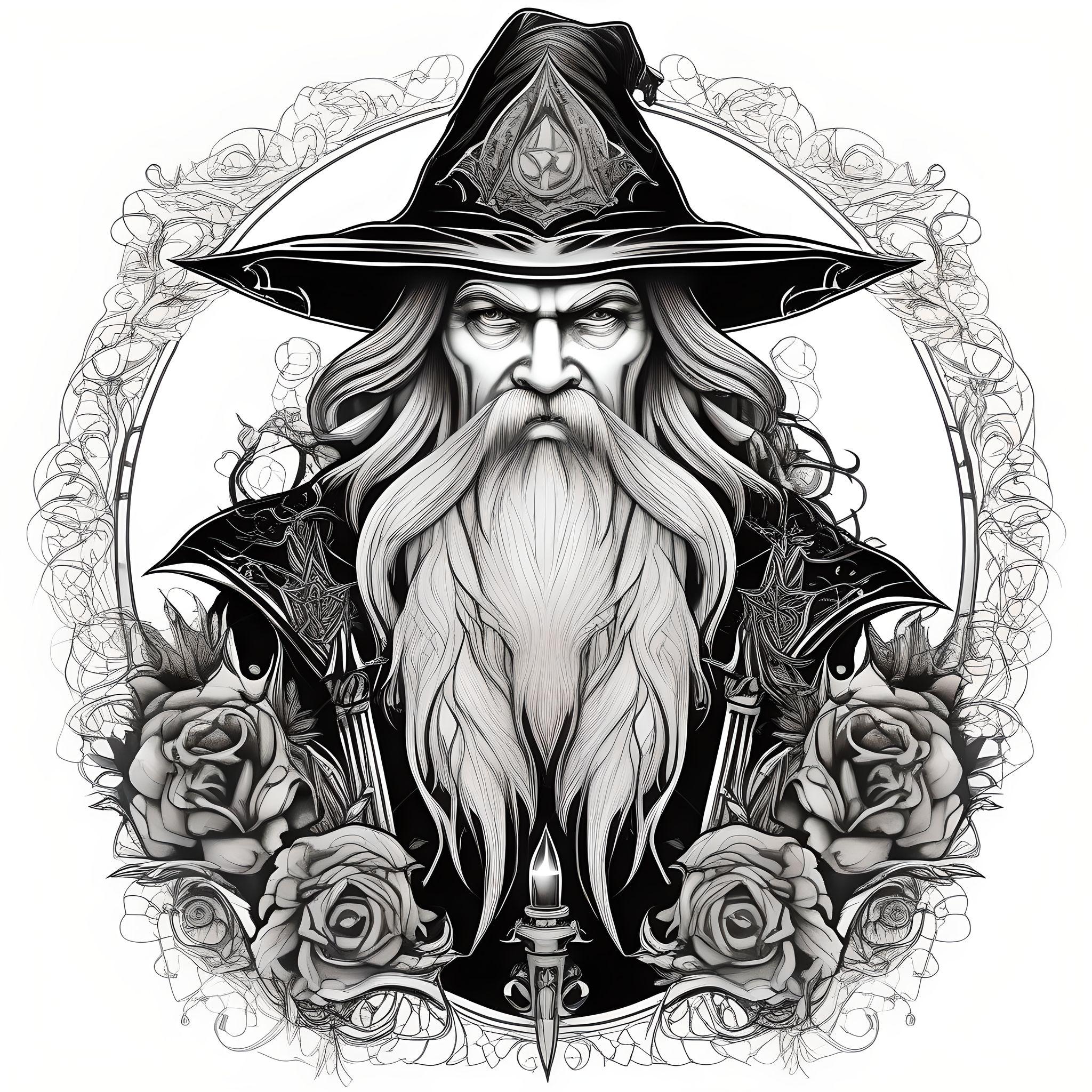 Gothic wizard tattoo pure white background