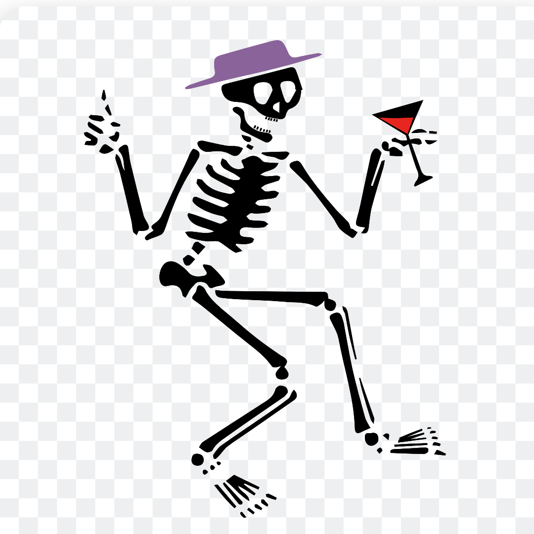 Halloween skeleton holding wine glass