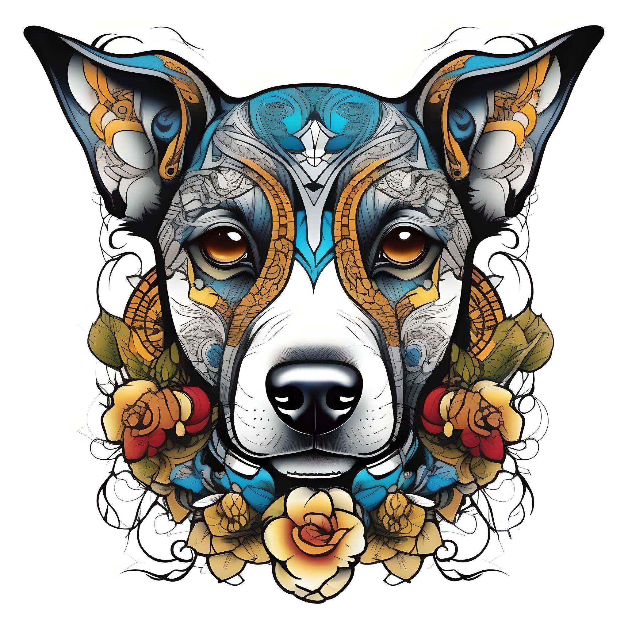 Handsome cool dog tattoo colored in anime style pure white background 1