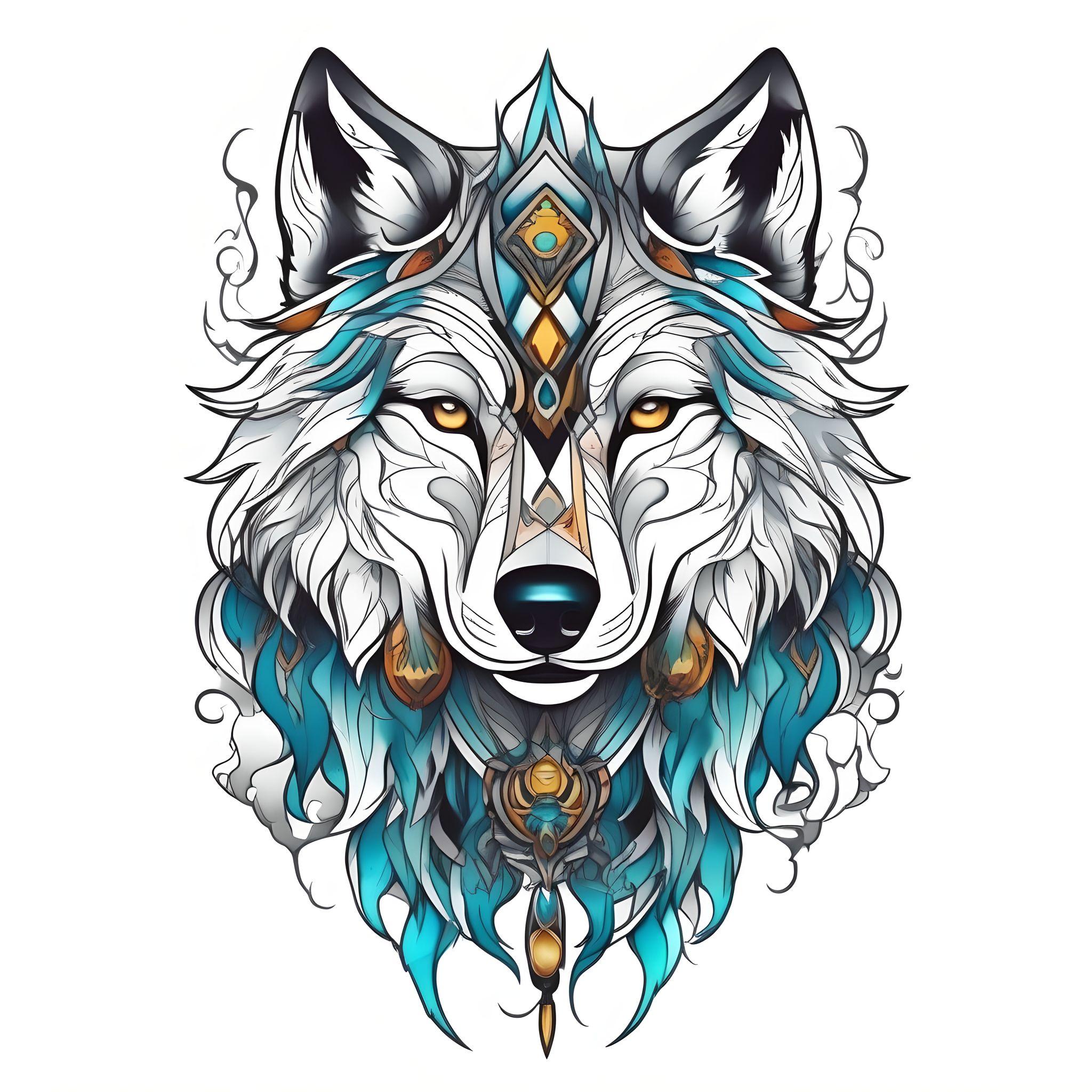 Handsome cool wolf tattoo colored in anime style pure white background