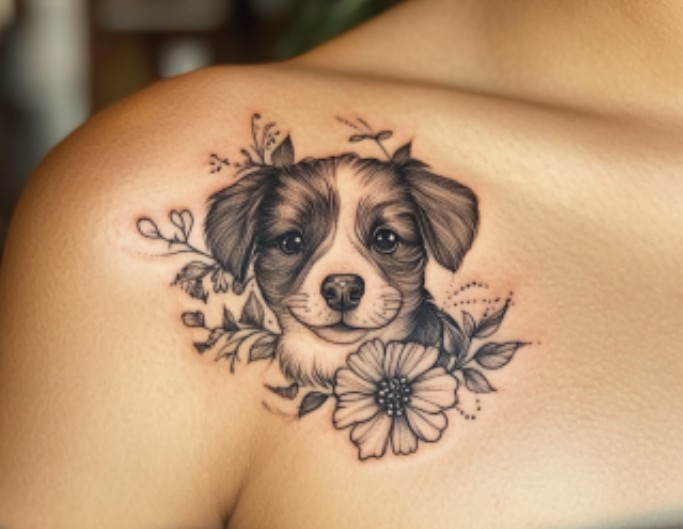 Meaningful strong classy shoulder tattoos female with a puppy portrait