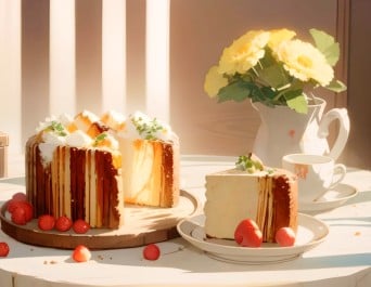 いろんなデザートが机の上に並んでいる画像をAIでアニメ化した