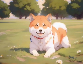 柴犬が芝生に座っている写真をアニメ化