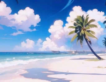 浜辺でそよ風が吹いている風景画像をアニメ風に加工