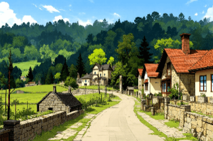 村の道の画像をイラスト化