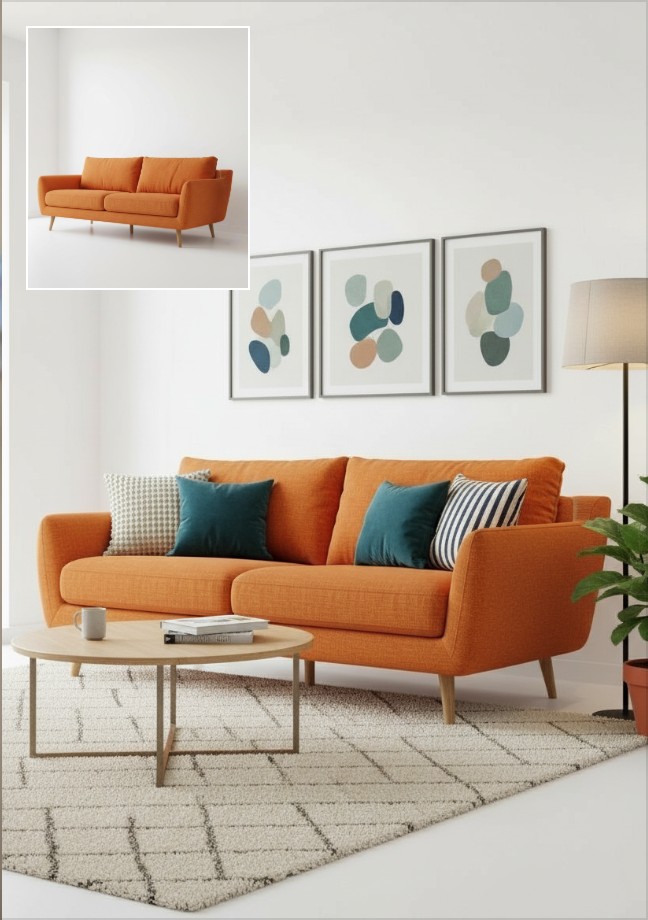 Put the orange sofa into a living room with fotor ai product photography maker