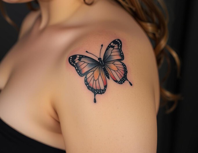 Strong woman classy shoulder tattoos female with a butterfly on upper arm