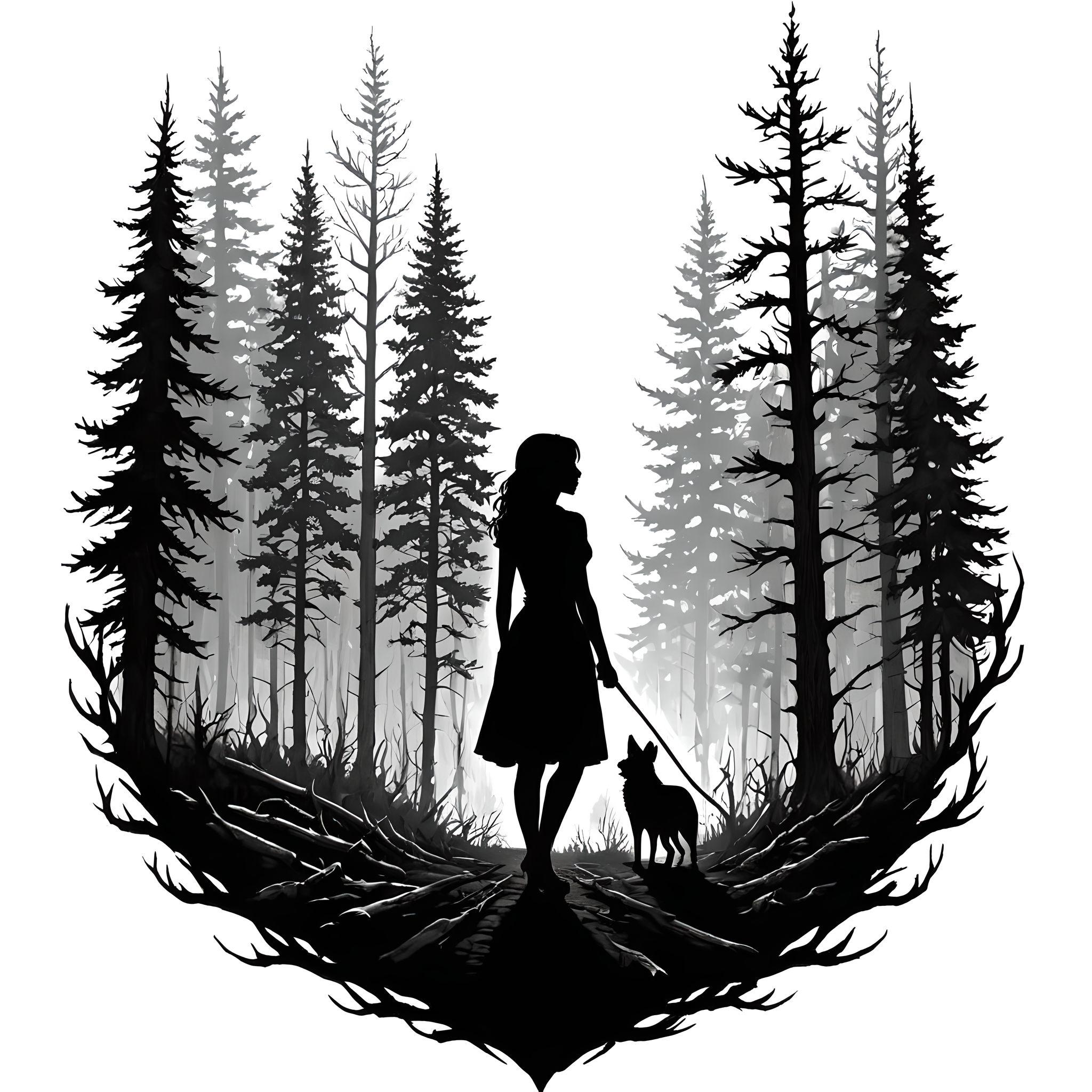 Tattoo of a forest fire scene with a subtle silhouette of a girl black and dark grey color pure white background