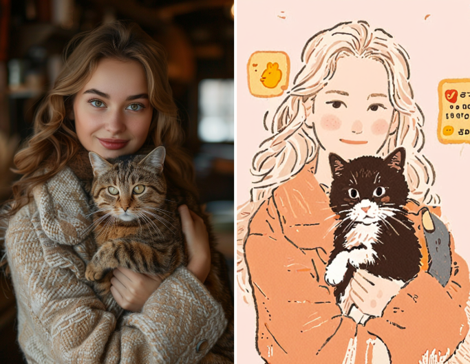 Turn a woman with her cat into cartoon style with snoopy filter in one click