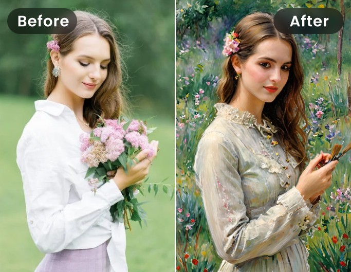 Turn female portrait into monet painting with fotor ai monet filter
