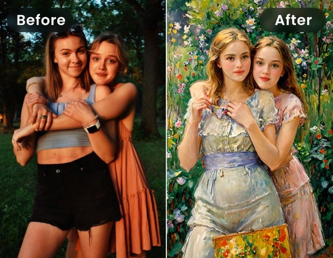 Turn woman couple photo into monet oil art with fotor monet filter