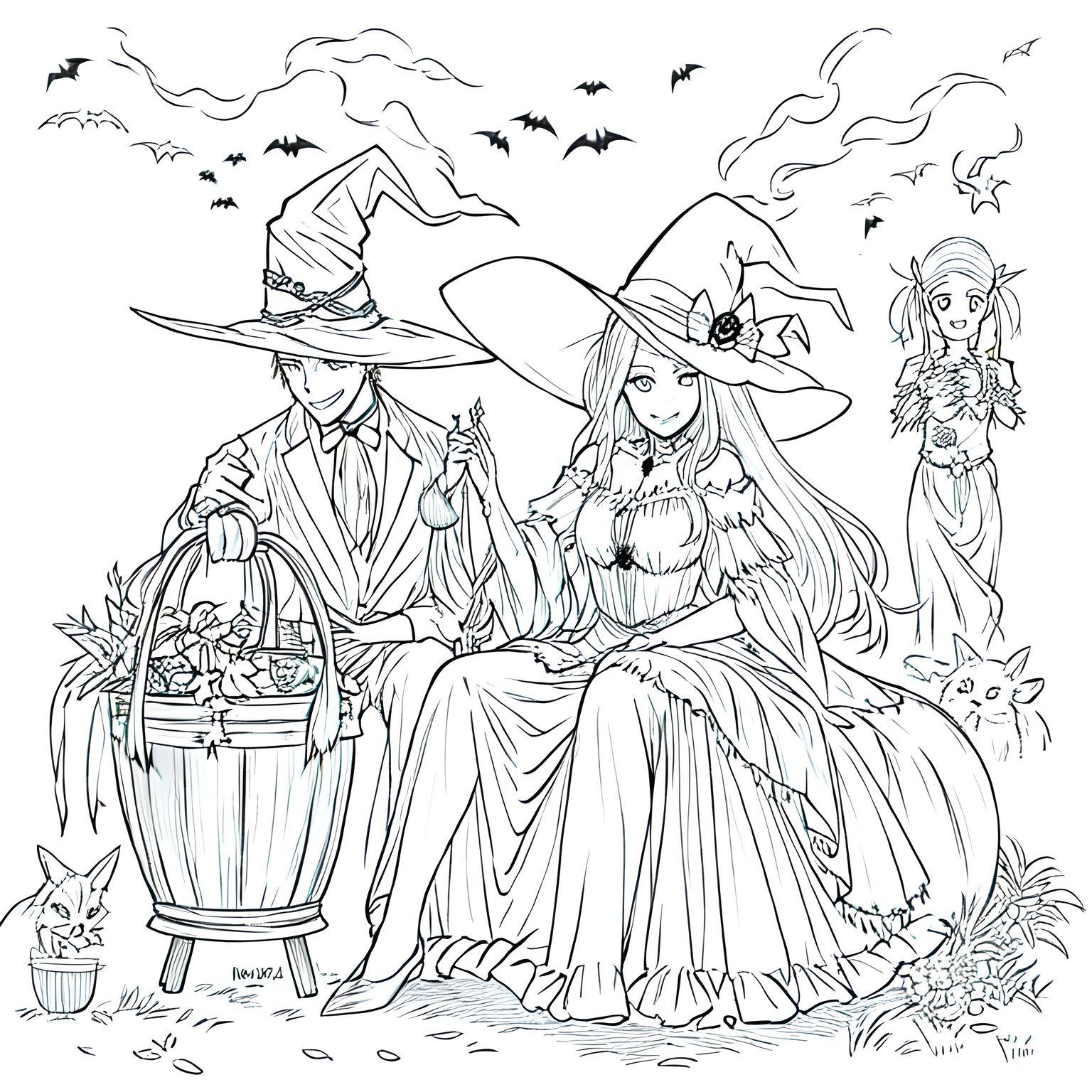 Two halloween witches with cauldron coloring page