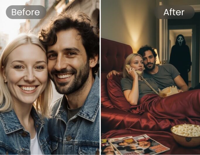 カップルの写真を使って、後ろにゴーストフェイス・キラーがいるAI画像を生成