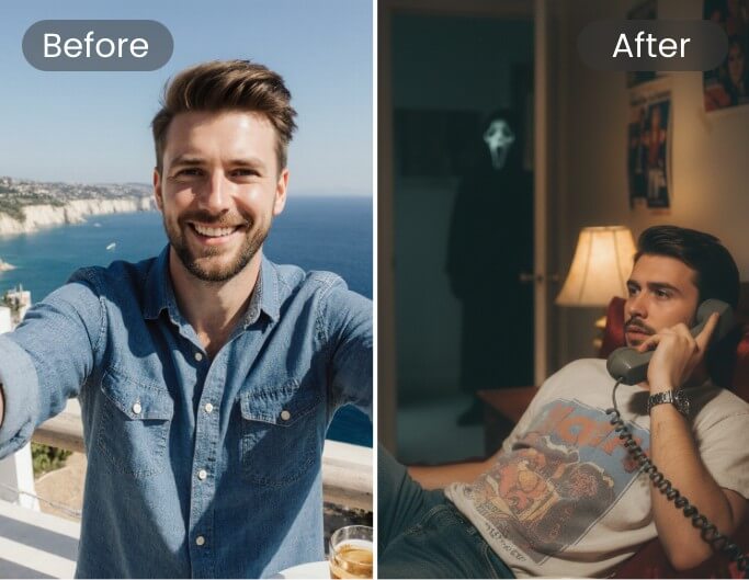 男性の写真を使用し、背後にゴーストフェイス・キラーがいるAI画像を生成