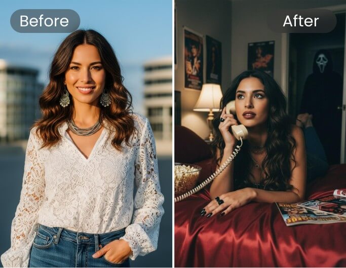 女性の写真を使用し、その背後にゴーストフェイス・キラーがいるAI画像を生成