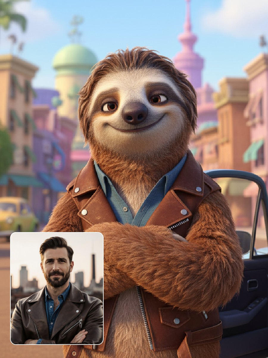 Use fotor zootopia character generator to turn a man in brown jacket into a sloth