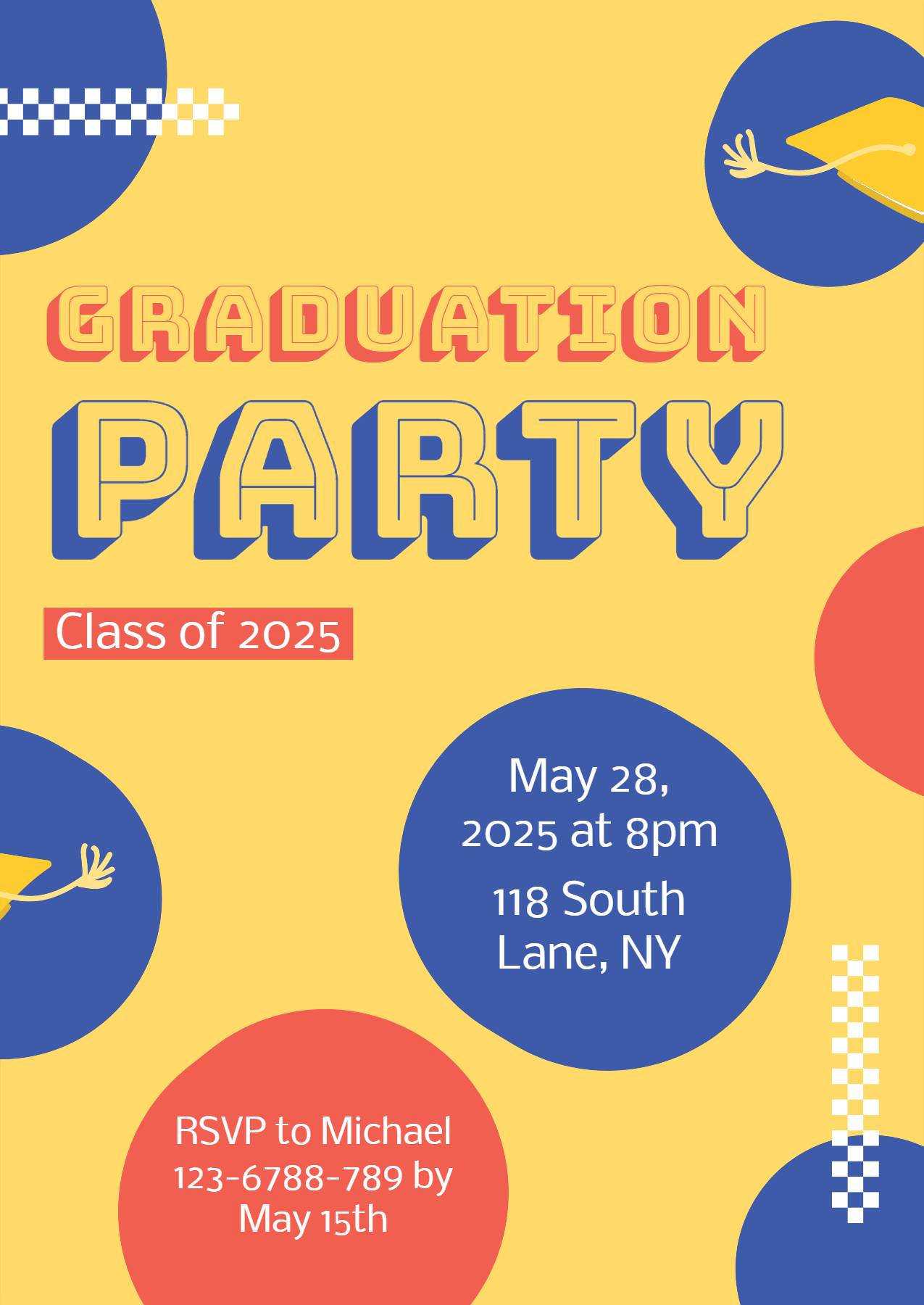 Invitación de fiesta de graduación amarilla y azul del fabricante de invitaciones de graduación