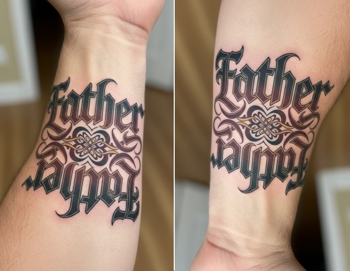 3 D ambigram tattoo with the word family
