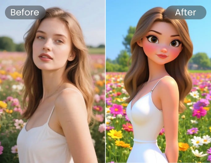 Ein Frau im weißen Trägerkleid in 3D Anime Stil umwandeln