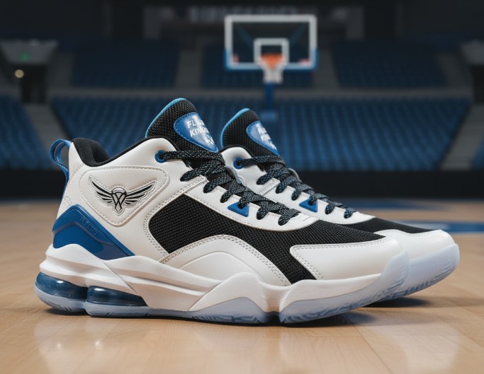 A basketbal shoes in blue white and black color