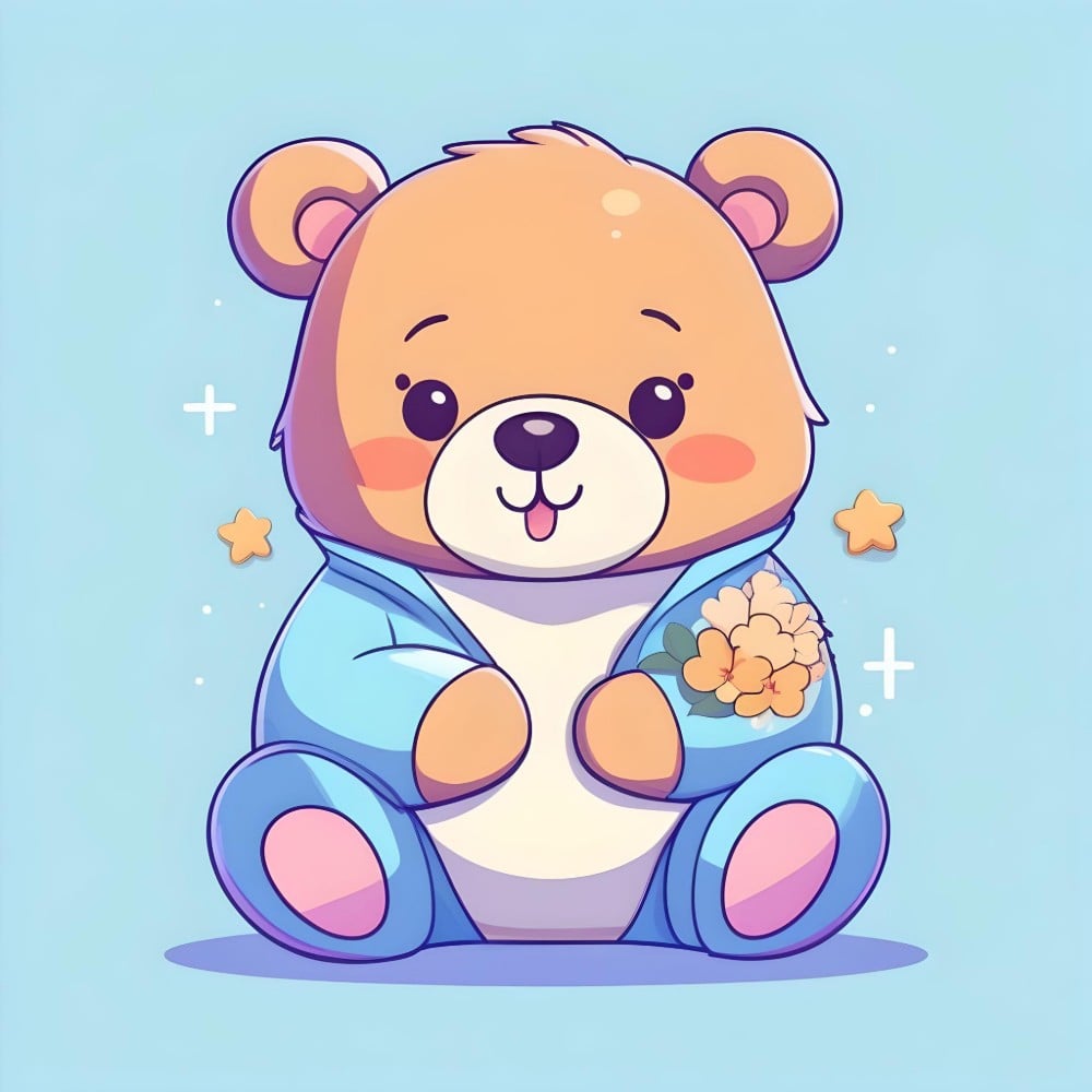 une mascotte animale mignonne d'ours assis avec un manteau bleu