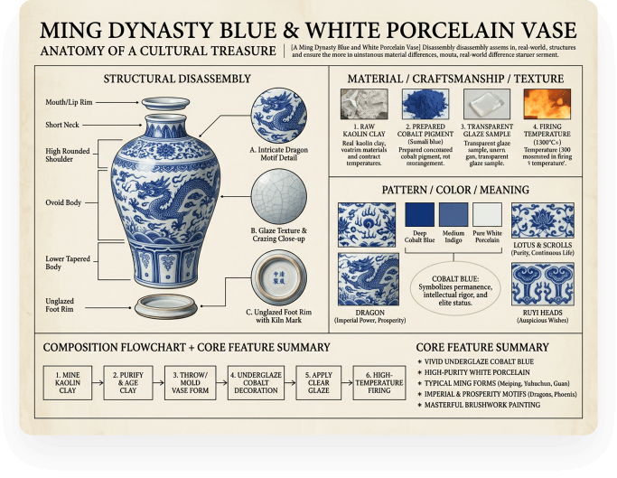 A detailed illustraition for the Ming dynasty blue and white porcelain vase