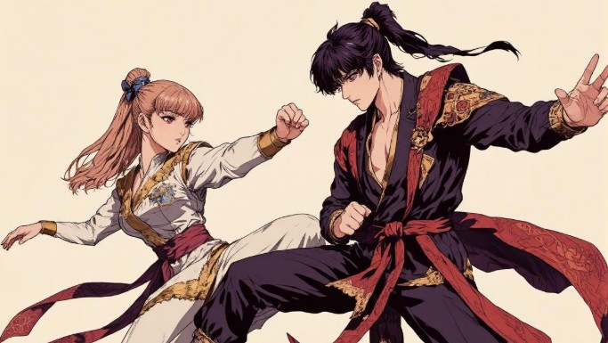 A girl and a boy anime character fight with kung fu