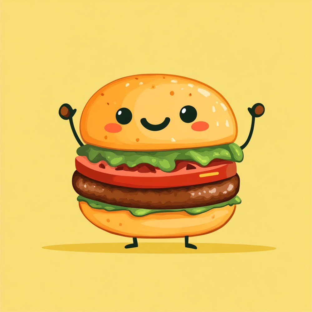 une mascotte hamburger sur fond jaune