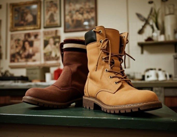 A image of boots with different colors in brown and earthy yellow